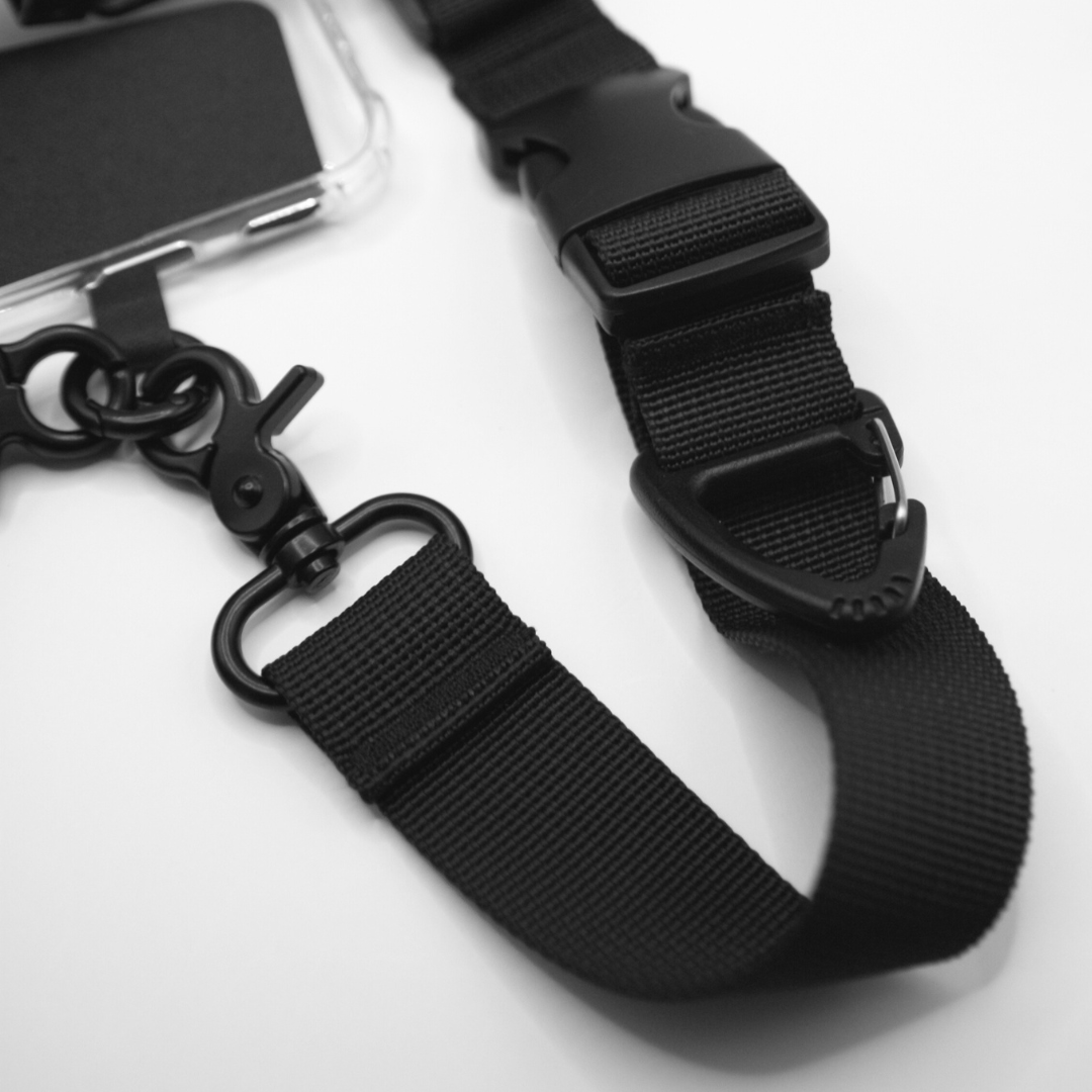 Close-up of the 2-in-1 Utility Lanyard Crossbody phone strap black.